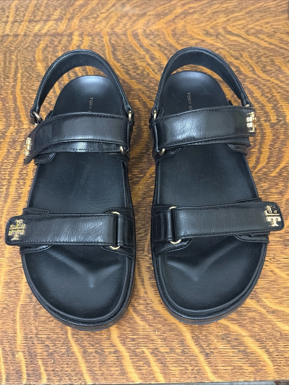 Tory Burch Black Leather Double-Strap Logo Sandals with Gold Accents